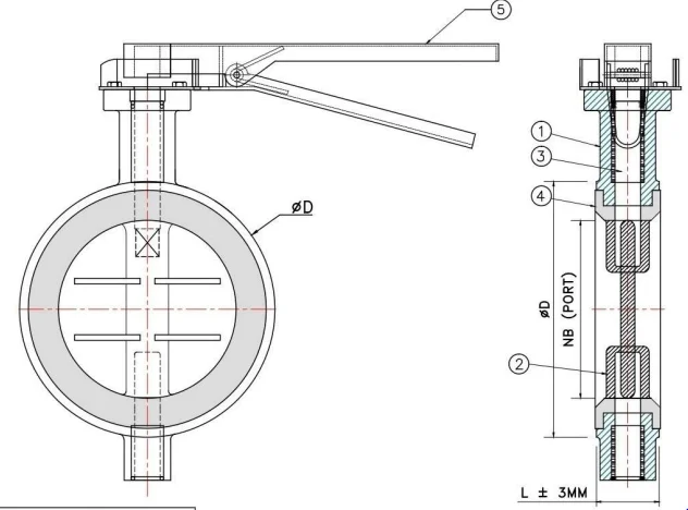 Butterfly valve sectional and front view drawing